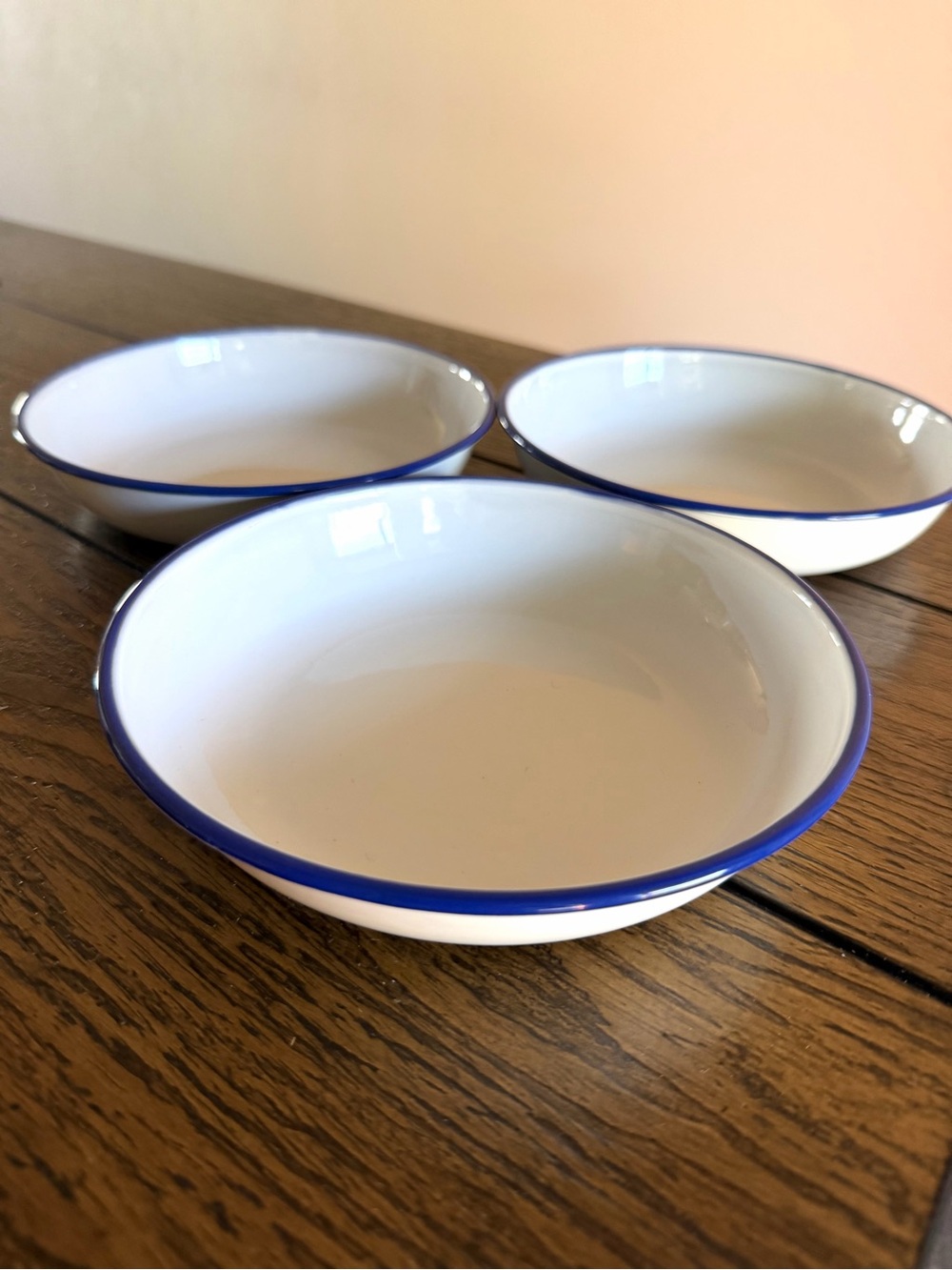 Vintage White Enamelware Bowl With Blue Rim Kockums 16 cm Set Of 3 Germany